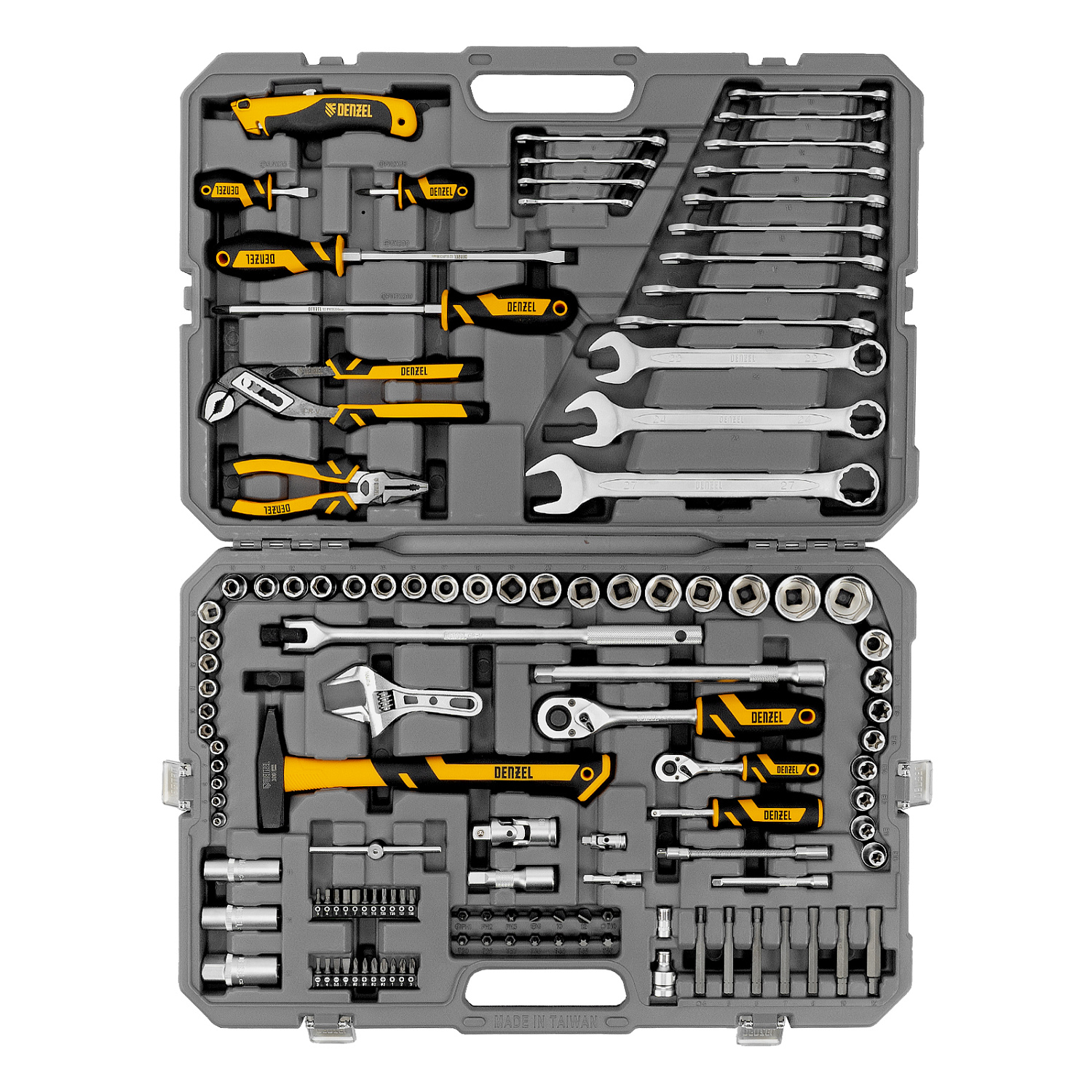 Набор инструментов, 1/2", 1/4", CrV, S2, пластиковый кейс, 122 предмета// Denzel Набор инструментов, 1/2", 1/4", CrV, S2, пластиковый кейс, 122 предмета// Denzel