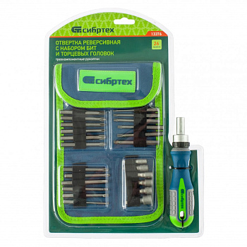 Отвертка реверсивная с набором бит и торцевых головок, 25 шт, CrV, чехол Сибртех Отвертка реверсивная с набором бит и торцевых головок, 25 шт, CrV, чехол Сибртех