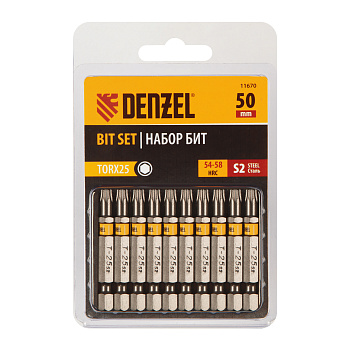 Бита TX 25х50, сталь S2, шестигранный профиль, 10 шт. Е 6,3 Denzel Бита TX 25х50, сталь S2, шестигранный профиль, 10 шт. Е 6,3 Denzel