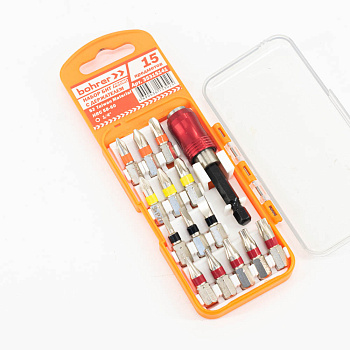 Набор бит Bohrer 25мм (PH1;PH2;PH3;PZ1;PZ2;PZ3;SL3;SL4;SL5;T10;Т15;T20;T25;T30) (сталь S2) с держателем (15 предметов)