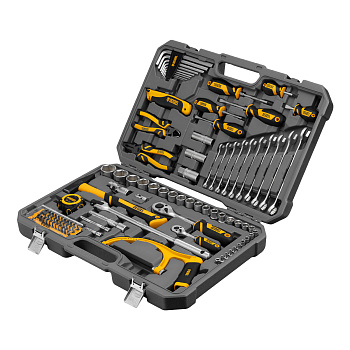 Набор инструментов, 1/2", 1/4", CrV, S2, пластиковый кейс, 100 предметов// Denzel Набор инструментов, 1/2", 1/4", CrV, S2, пластиковый кейс, 100 предметов// Denzel