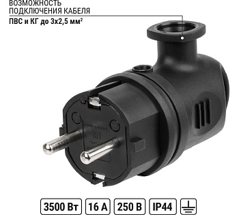 Вилка угловая с ушком каучук 2Р+РЕ 16А 250В IP44 TDM