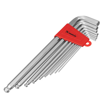 Набор ключей имбусовых HEX, 1.5-10 мм, CrV, 9 шт, экстра-длинные, c шаром, сатин Matrix Набор ключей имбусовых HEX, 1.5-10 мм, CrV, 9 шт, экстра-длинные, c шаром, сатин Matrix