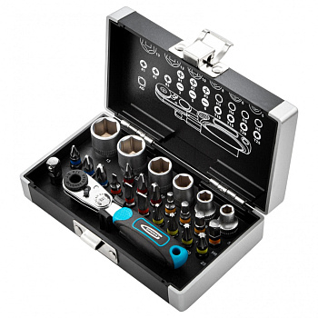 Набор бит и головок торцевых, 1/4, магнитный адаптер, сталь S2, пластиковый кейс, 26 предметов Gross Набор бит и головок торцевых, 1/4, магнитный адаптер, сталь S2, пластиковый кейс, 26 предметов Gross