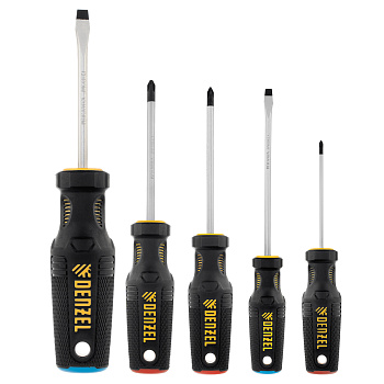 Набор отверток, 5 пр., CrV, трехкомпонентная рукоятка Denzel Набор отверток, 5 пр., CrV, трехкомпонентная рукоятка Denzel