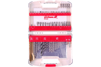 Набор сверл комбинированный, сверла по металлу 1-6 мм, бетону 4-8 мм, дереву 3-8 мм, перовые 16,22 мм, биты 44 шт, адаптер, головки 6 шт, 75 предметов Pro Matrix