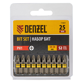 Бита PH1х25, сталь S2, шестигранный профиль, 10 шт. Е 6,3 Denzel Бита PH1х25, сталь S2, шестигранный профиль, 10 шт. Е 6,3 Denzel