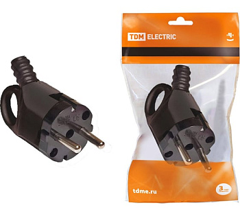 Вилка угловая с ушком с/з черная 16А 250В TDM