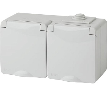 Розетка 2х2P+E гориз. IP65, 16A-250В, ОУ, серый 11-2603-03 ЭРА