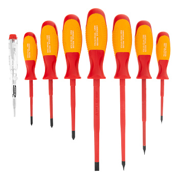 Набор отверток диэлектрических до 1000 В, 8 шт, тестер, CrMo, двухкомпонентные рукоятки Gross Набор отверток диэлектрических до 1000 В, 8 шт, тестер, CrMo, двухкомпонентные рукоятки Gross