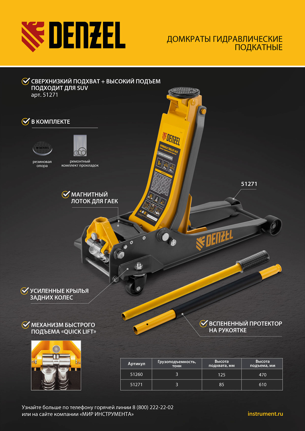Домкрат гидравлический подкатной, 3 т, 85-610 мм, быстрый подъем, низ. подхват, проф, SUV Denzel Домкрат гидравлический подкатной, 3 т, 85-610 мм, быстрый подъем, низ. подхват, проф, SUV Denzel