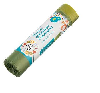 Пакеты для мусора с завязками 35 л х 15 шт, зеленые, Россия Elfe