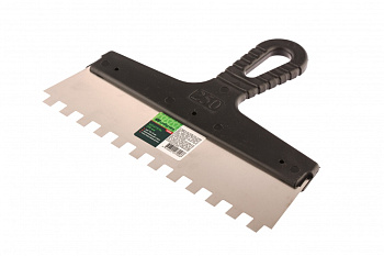 Шпатель из нержавеющей стали, 250 мм, зуб 10х10 мм, пластмассовая ручка// Сибртех