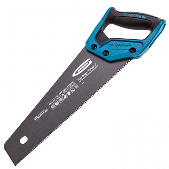 Ножовка по дереву "PIRANHA", 300 мм, 11 TPI, 3D-зуб, тефлоновое покрытие полотна, двухкомпонентная рукоятка Gross Ножовка по дереву "PIRANHA", 300 мм, 11 TPI, 3D-зуб, тефлоновое покрытие полотна, двухкомпонентная рукоятка Gross