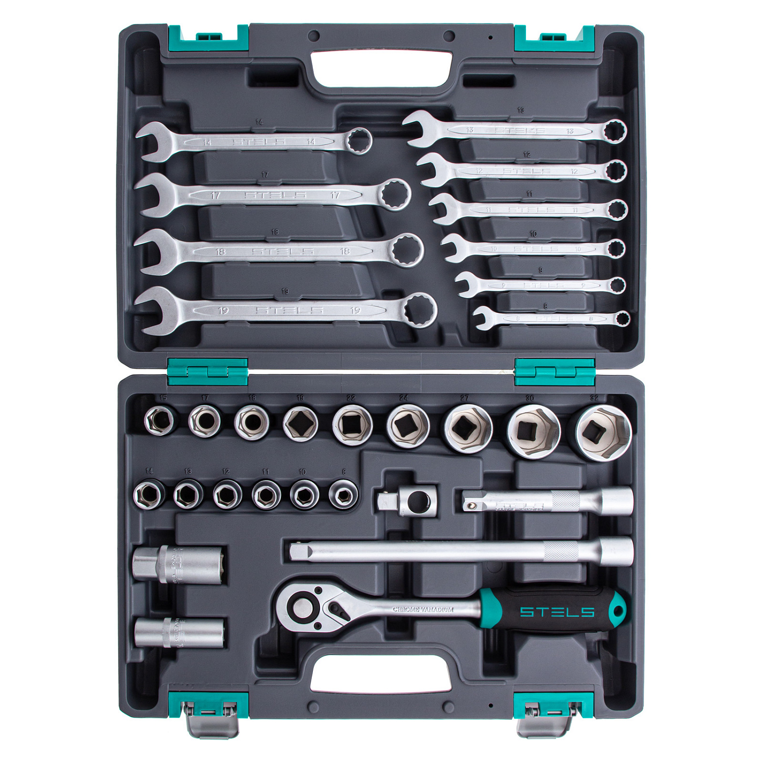 Набор инструментов, 1/2", CrV, пластиковый кейс 31 предмет Stels Набор инструментов, 1/2", CrV, пластиковый кейс 31 предмет Stels