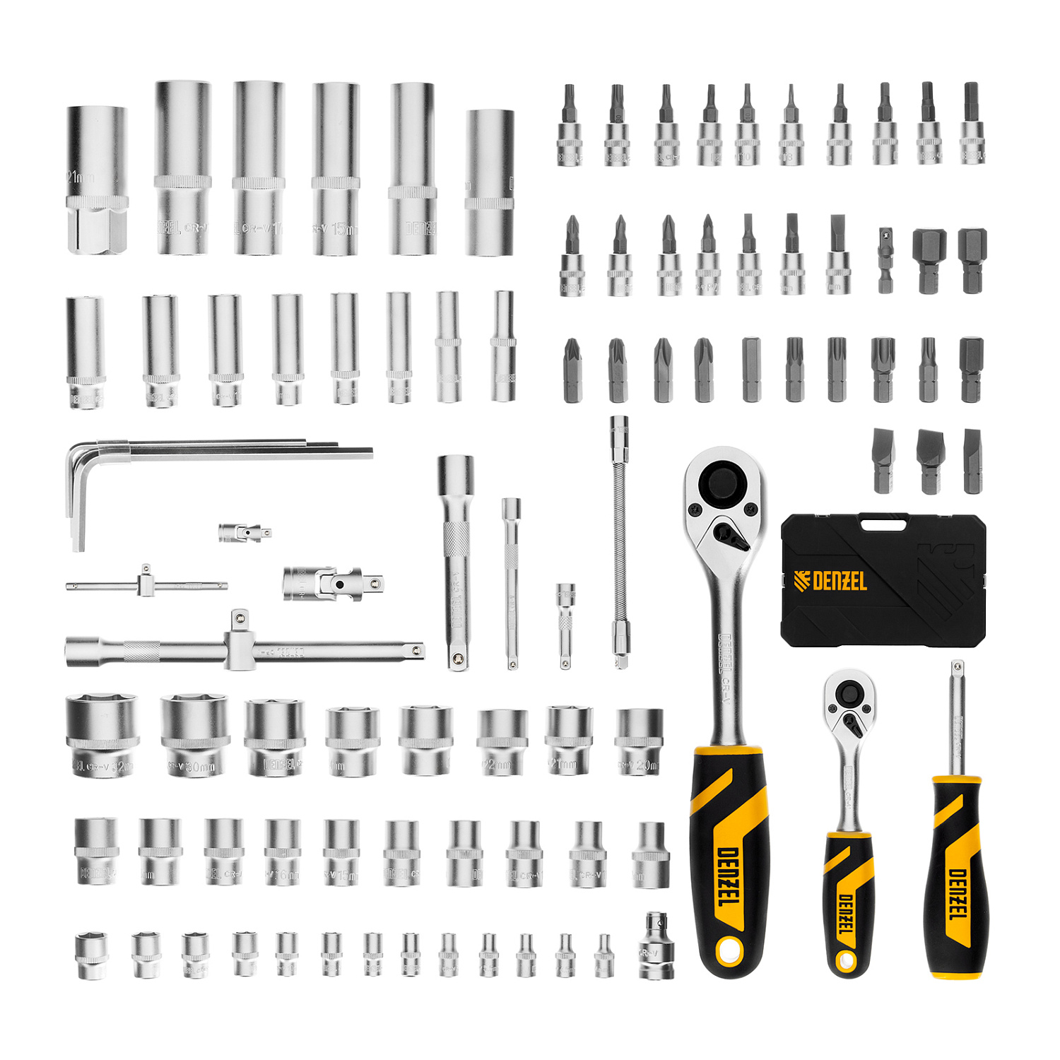 Набор инструментов, 1/2", 1/4", CrV, S2, пластиковый кейс, 94 предмета// Denzel Набор инструментов, 1/2", 1/4", CrV, S2, пластиковый кейс, 94 предмета// Denzel