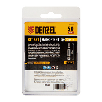 Бита TX 10х50, сталь S2, шестигранный профиль, 10 шт. Е 6,3 Denzel Бита TX 10х50, сталь S2, шестигранный профиль, 10 шт. Е 6,3 Denzel