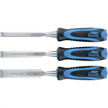 Набор долот-стамесок плоских, 3 шт, 12-16-20 мм, двухкомпонентная рукоятка, металлический затыльник Барс