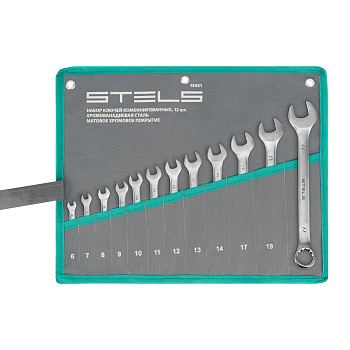 Набор ключей комбинированных 6-22 мм, 12 шт, CrV, матовый хром Stels Набор ключей комбинированных 6-22 мм, 12 шт, CrV, матовый хром Stels