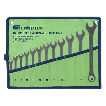 Набор ключей комбинированных, 6 - 22 мм, 12 шт., CrV, фосфатированные Сибртех Набор ключей комбинированных, 6 - 22 мм, 12 шт., CrV, фосфатированные Сибртех