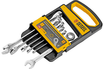 Набор ключей комбинированных трещоточных 6-17 мм, 6 шт., CrV, матовый хром Denzel