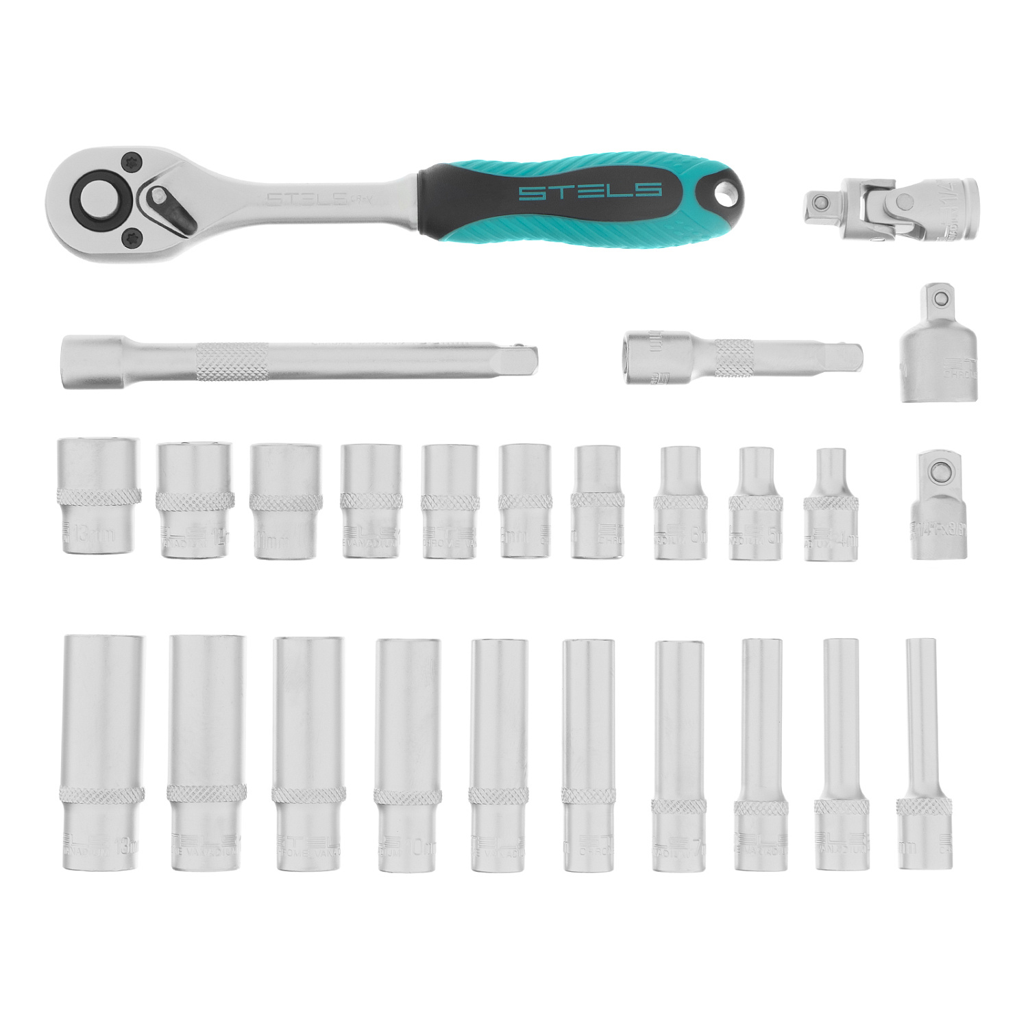 Набор торцевых головок с трещоткой, 1/4", 26 предметов Stels Набор торцевых головок с трещоткой, 1/4", 26 предметов Stels
